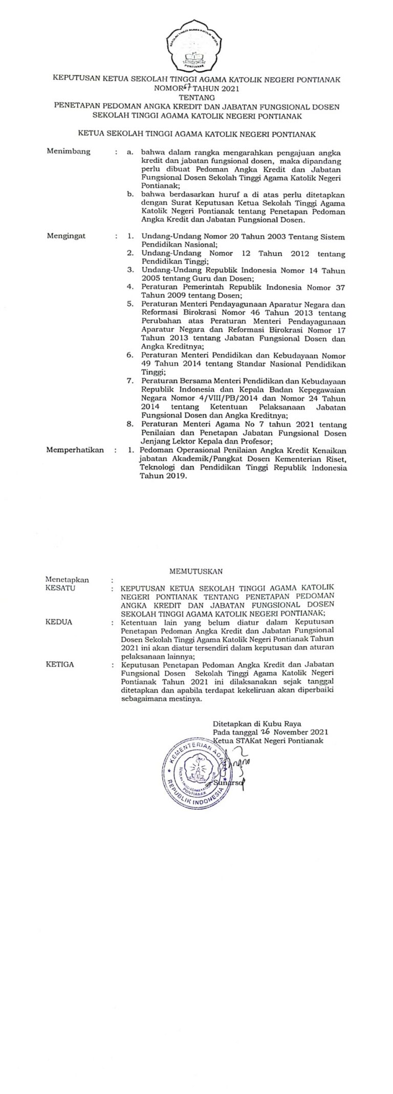 Pedoman Angka Kredit dan Jabatan Fungsional Dosen STAKatN Pontianak